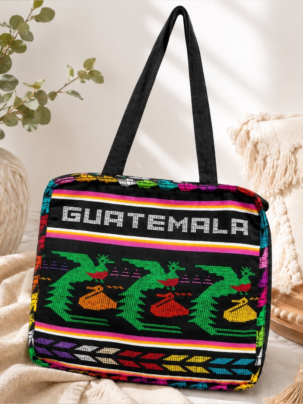 Vintage Guatemala Woven Tote Bag Padded Boho Artisan Festival Shoulder Bag